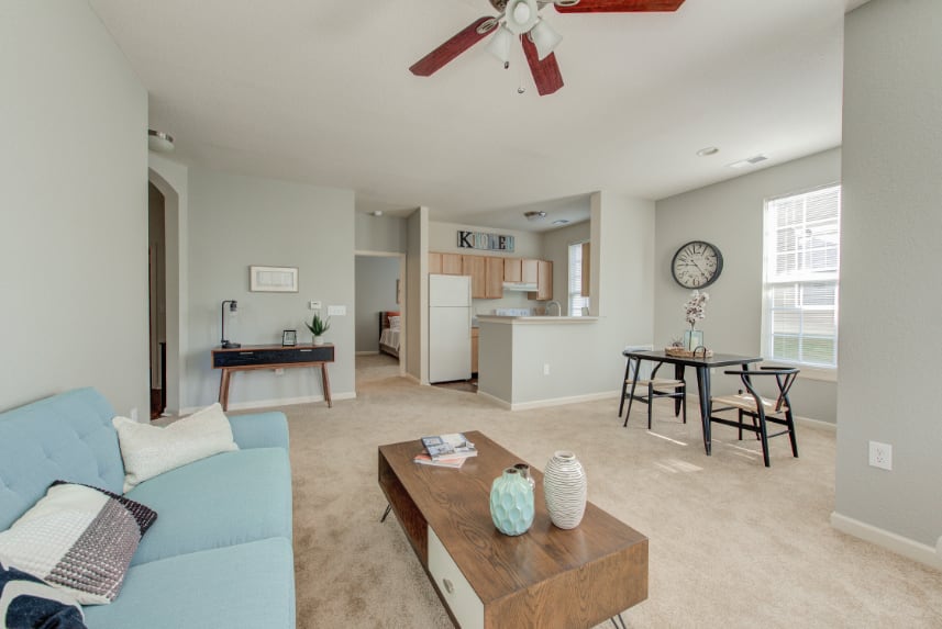 Model living room in a Carmel apartment.